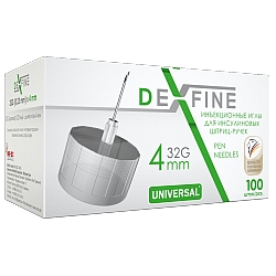 Иглы инъекционные универсальные DEXFINE №100 для инсулиновых шприц-ручек, 32G (диаметр 0,23 мм), длина 4 мм, 100 шт.