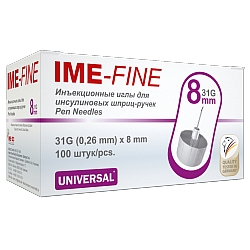 Иглы инъекционные универсальные IME-FINE №100 для инсулиновых шприц-ручек, 31G (диаметр 0,26 мм), длина 8 мм, 100 шт.